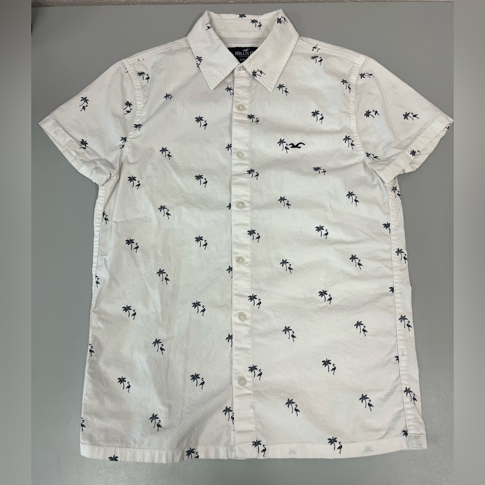 Hollister Men’s XS Epic Stretch Flex White and Blue Palm Print Shirt
